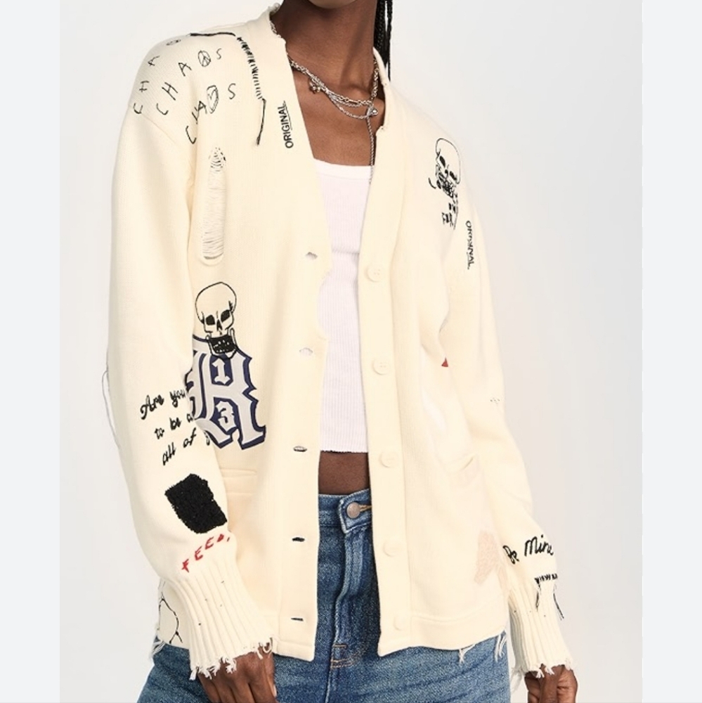 R13 Distressed Graffiti Cardigan Sweater